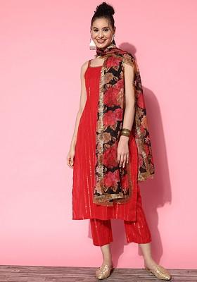 Red Embroidered Poly Blended Kurta Sets