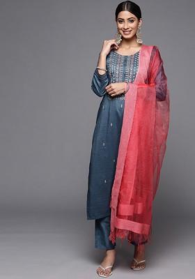 Teal Embroidered Poly Blended Kurta Sets