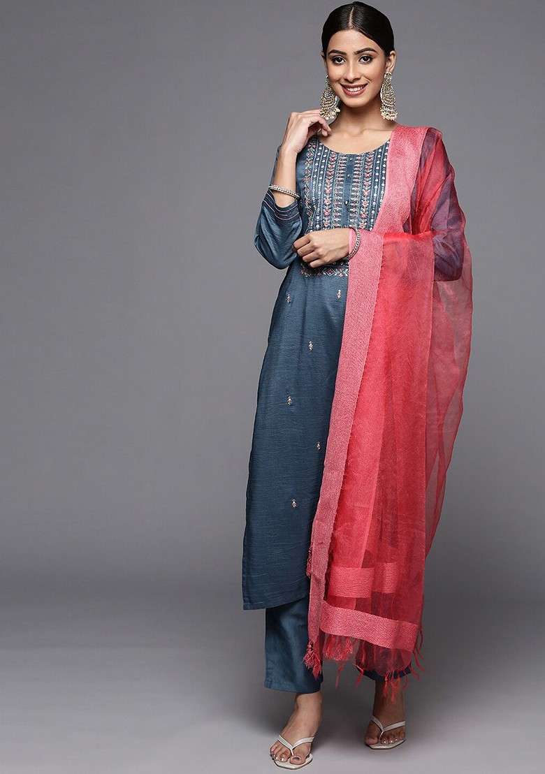 Teal Embroidered Poly Blended Kurta Sets - Indya