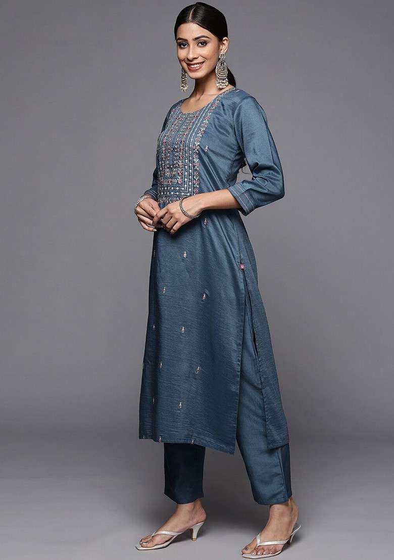 Teal Embroidered Poly Blended Kurta Sets - Indya