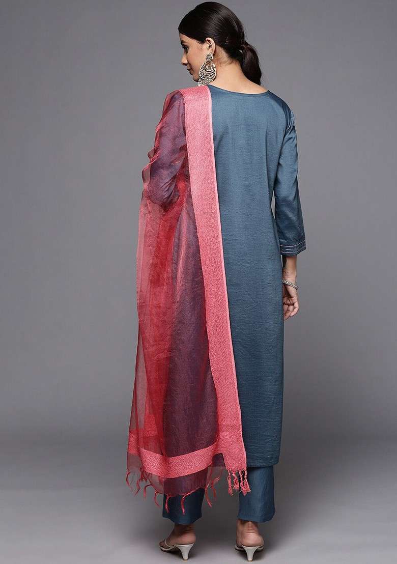 Teal Embroidered Poly Blended Kurta Sets - Indya