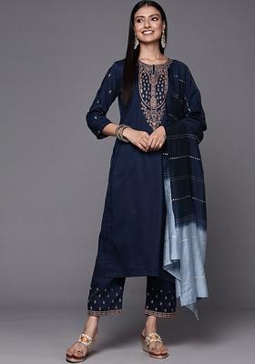 Navy Blue Embroidered Poly Blended Kurta Sets