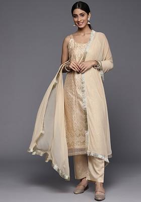 Cream Embroidered Poly Blended Kurta Sets
