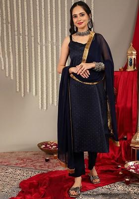 Navy Blue Embroidered Poly Blended Kurta Sets