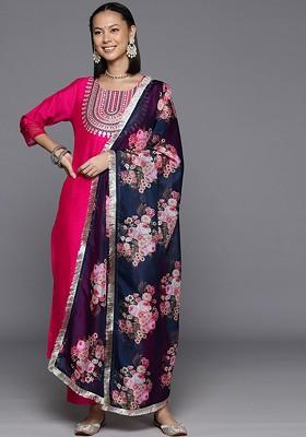 Fuchsia Embroidered Poly Blended Kurta Sets