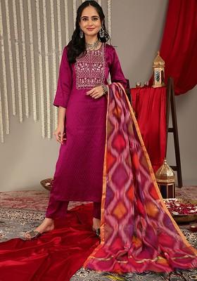 Magenta Embroidered Poly Blended Kurta Sets