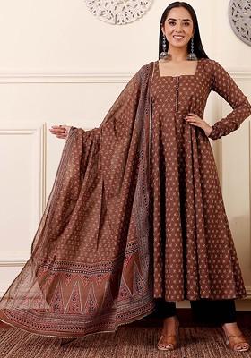 Rust Embroidered Poly Blended Kurta Sets