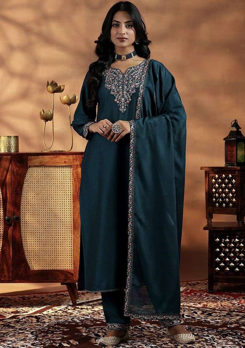Teal Embroidered Poly Blended Kurta Sets - Indya