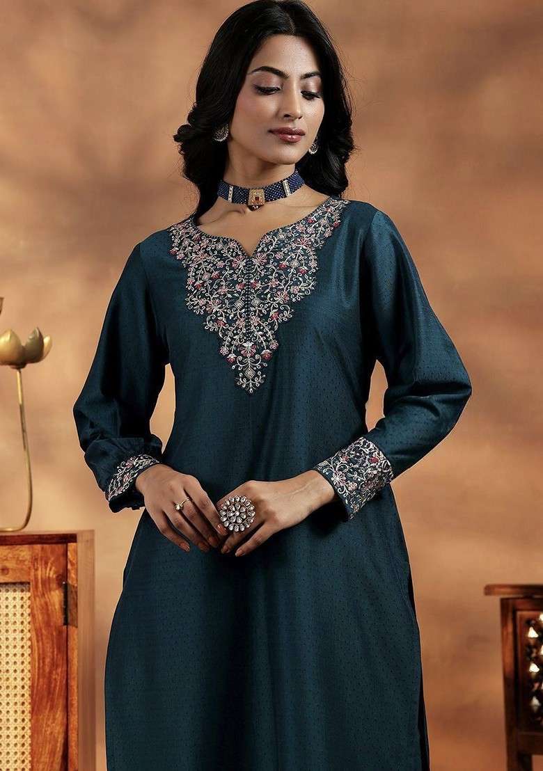 Teal Embroidered Poly Blended Kurta Sets - Indya