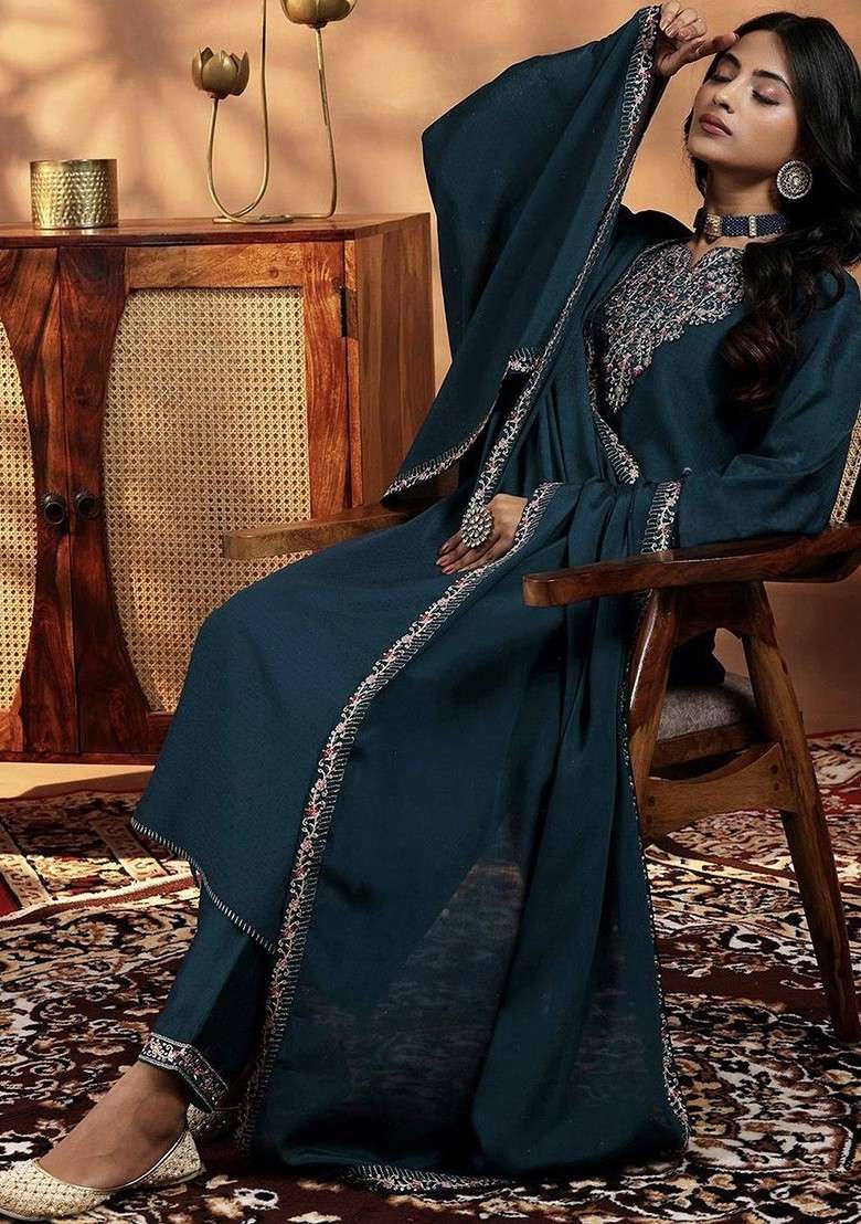Teal Embroidered Poly Blended Kurta Sets - Indya