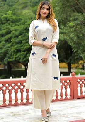 Off White Embroidered Poly Blended Kurta Sets