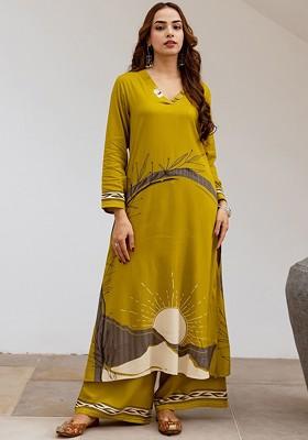 Lime Green Embroidered Poly Blended Kurta Sets