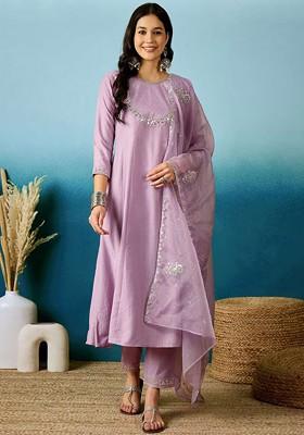Mauve Embroidered Poly Blended Kurta Sets