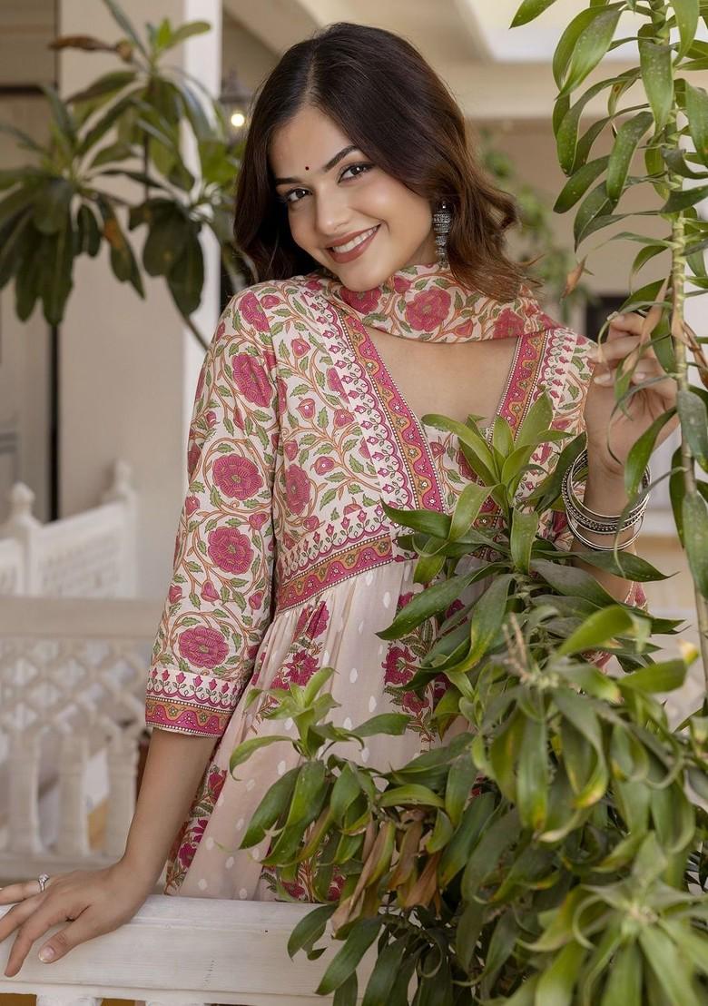 Peach Embroidered Poly Blended Kurta Sets