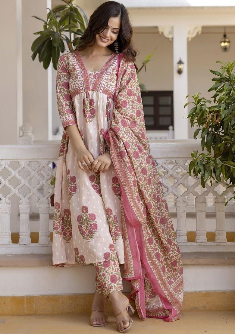 Peach Embroidered Poly Blended Kurta Sets