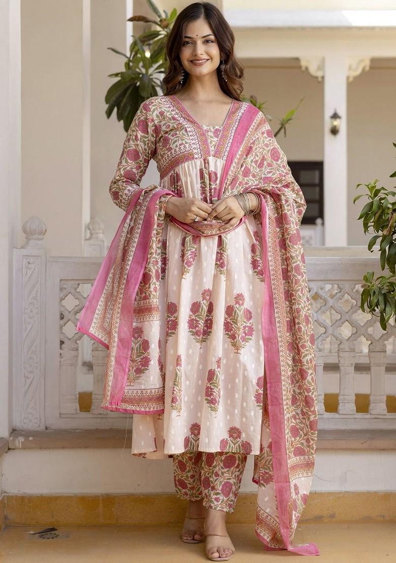 Peach Embroidered Poly Blended Kurta Sets