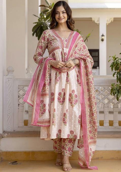 Peach Embroidered Poly Blended Kurta Sets