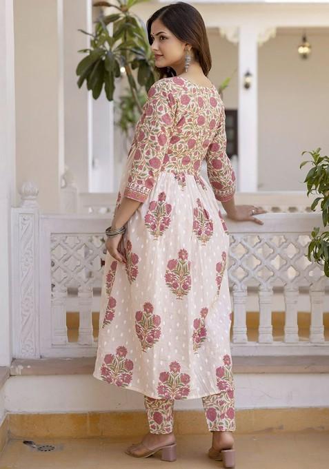 Peach Embroidered Poly Blended Kurta Sets