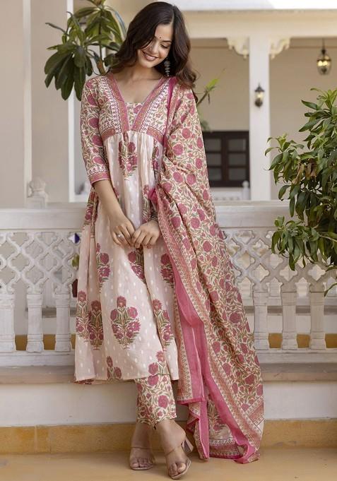 Peach Embroidered Poly Blended Kurta Sets
