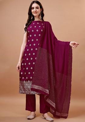 Magenta Embroidered Poly Blended Kurta Sets
