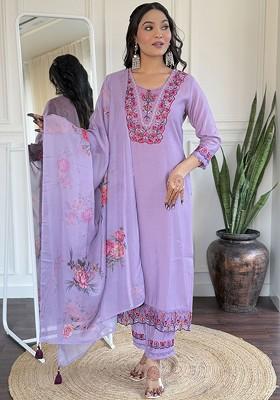 Lavender Embroidered Poly Blended Kurta Sets