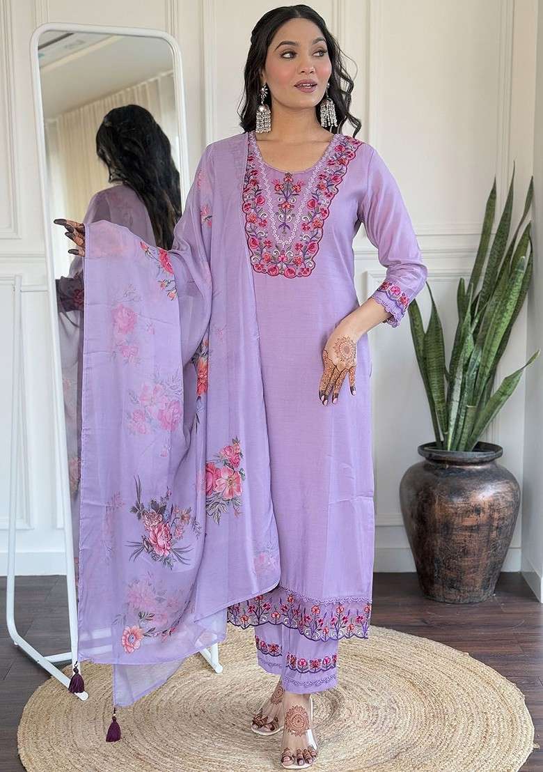 Lavender Embroidered Poly Blended Kurta Sets - Indya