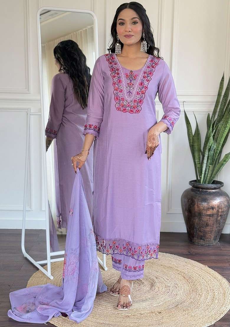 Lavender Embroidered Poly Blended Kurta Sets - Indya