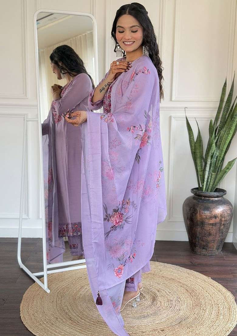 Lavender Embroidered Poly Blended Kurta Sets - Indya