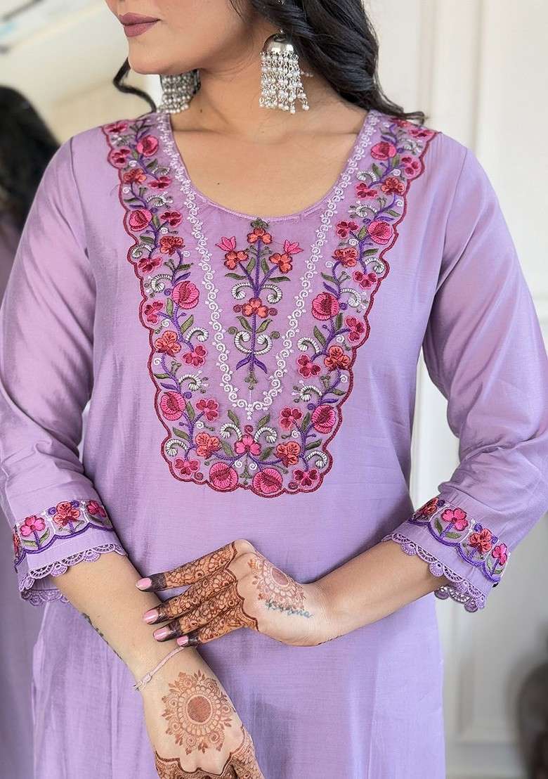 Lavender Embroidered Poly Blended Kurta Sets - Indya