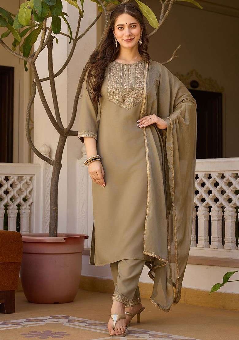Beige Embroidered Poly Blended Kurta Sets - Indya