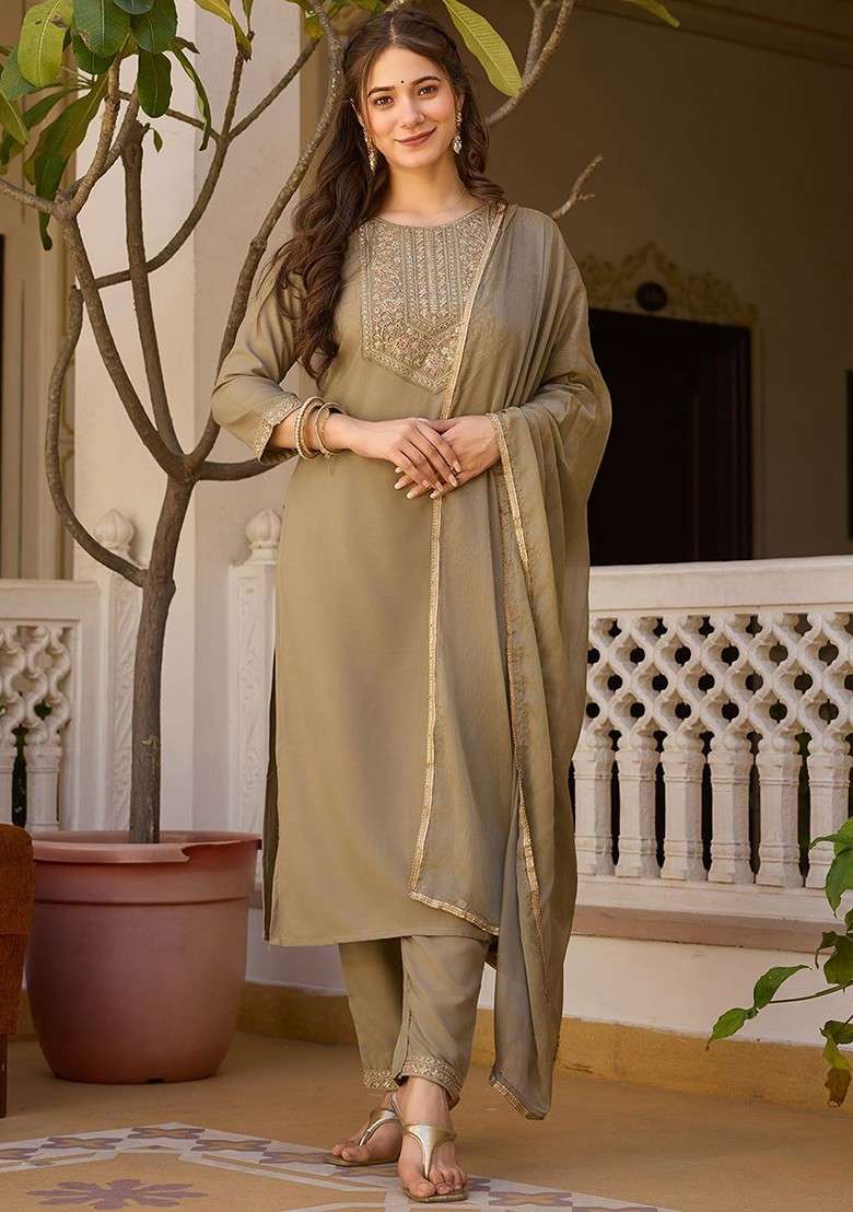 Beige Embroidered Poly Blended Kurta Sets - Indya