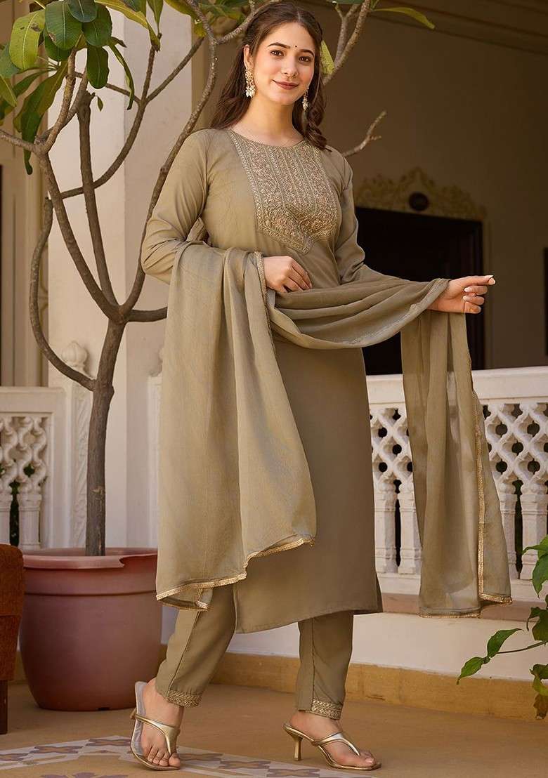 Beige Embroidered Poly Blended Kurta Sets - Indya