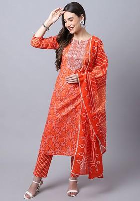 Orange Embroidered Poly Blended Kurta Sets
