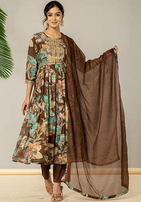 Brown Embroidered Poly Blended Kurta Sets