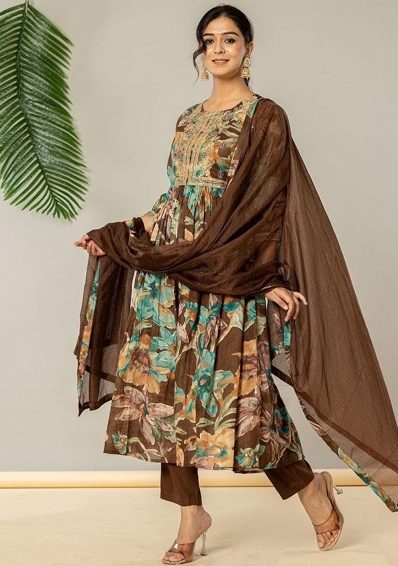 Brown Embroidered Poly Blended Kurta Sets - Indya