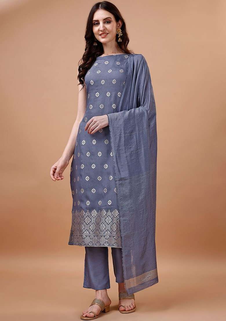 Grey Embroidered Poly Blended Kurta Sets - Indya