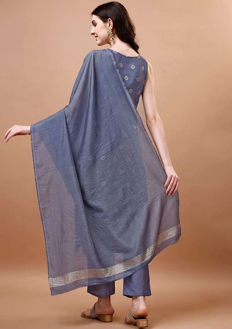 Grey Embroidered Poly Blended Kurta Sets - Indya