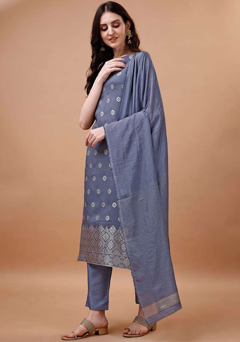 Grey Embroidered Poly Blended Kurta Sets - Indya