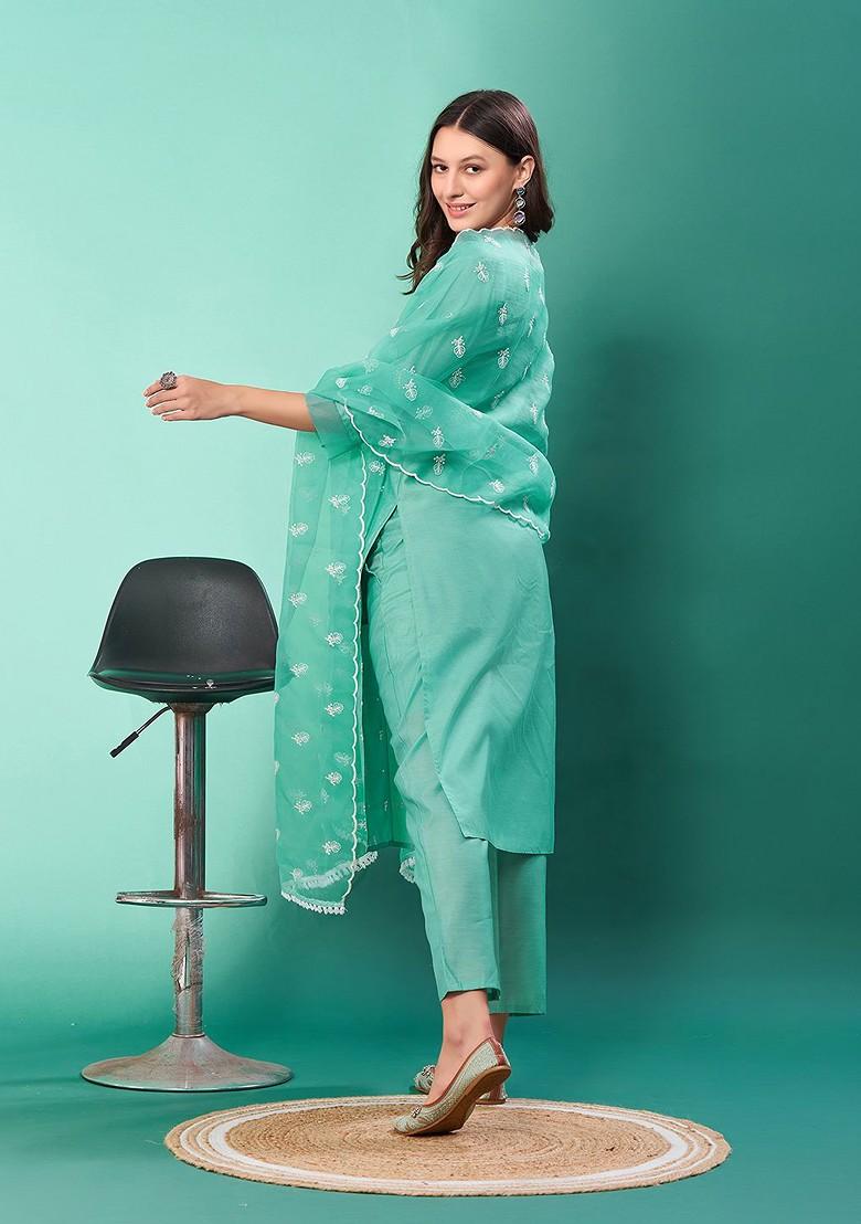 Sea Green Embroidered Poly Blended Kurta Sets