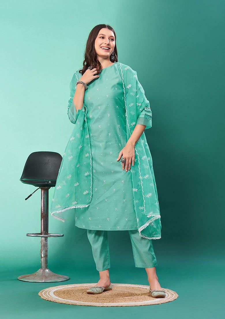 Sea Green Embroidered Poly Blended Kurta Sets