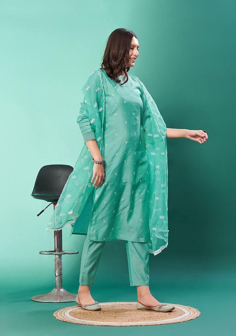 Sea Green Embroidered Poly Blended Kurta Sets