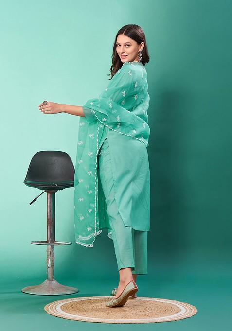 Sea Green Embroidered Poly Blended Kurta Sets