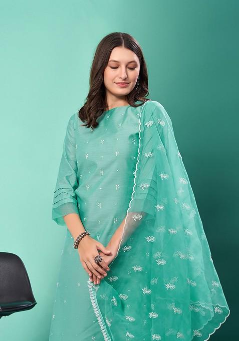 Sea Green Embroidered Poly Blended Kurta Sets