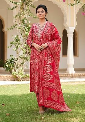 Red Embroidered Poly Blended Kurta Sets