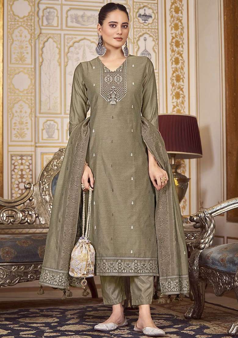 Grey Embroidered Poly Blended Kurta Sets - Indya