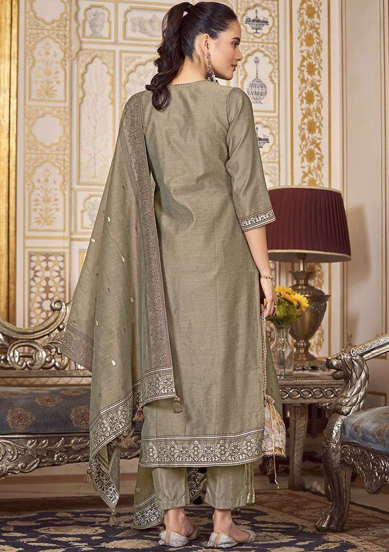 Grey Embroidered Poly Blended Kurta Sets - Indya