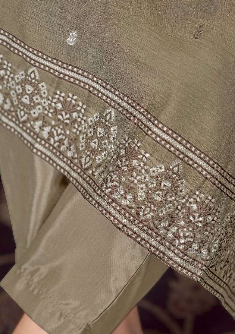Grey Embroidered Poly Blended Kurta Sets - Indya