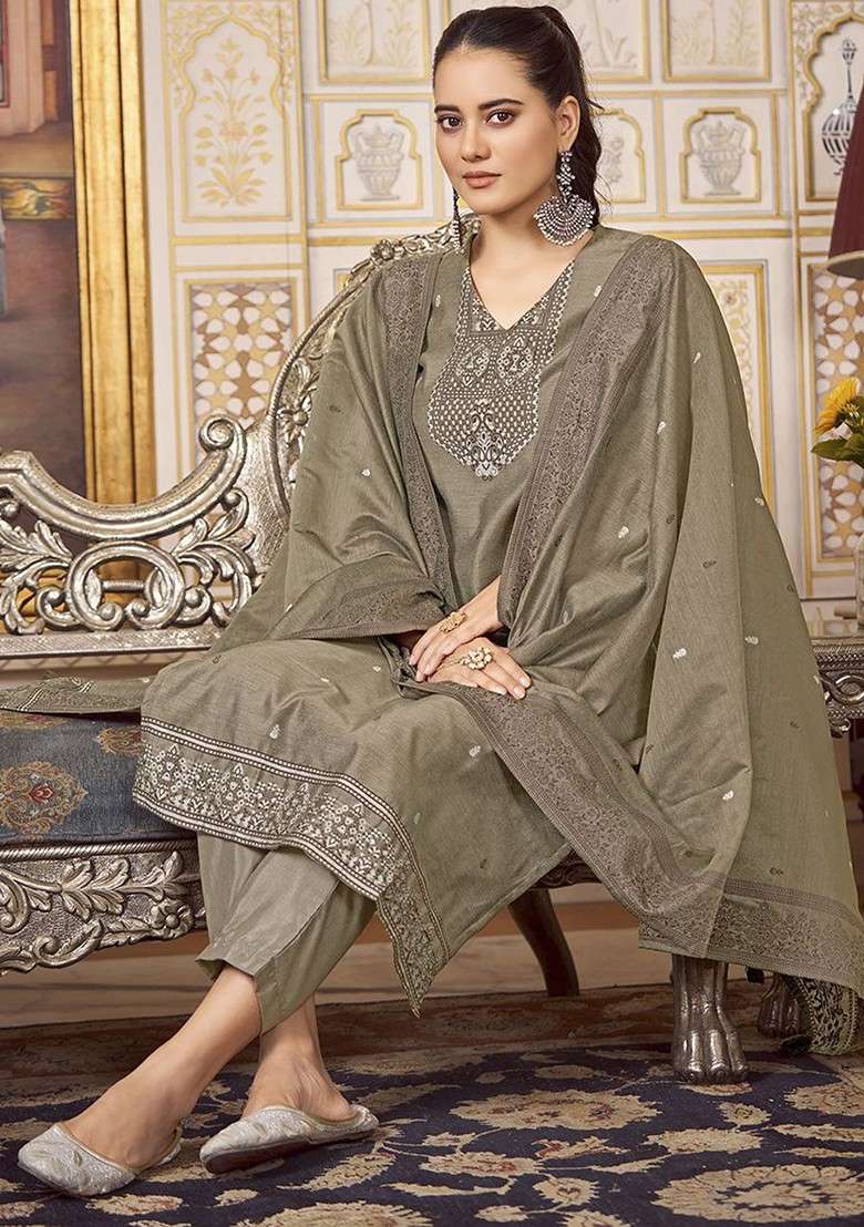 Grey Embroidered Poly Blended Kurta Sets - Indya