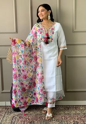 Off White Embroidered Poly Blended Kurta Sets