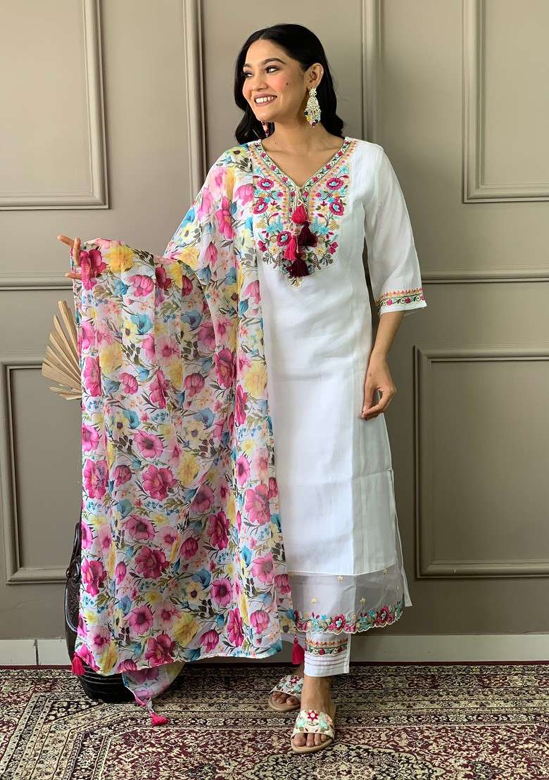 Off White Embroidered Poly Blended Kurta Sets - Indya